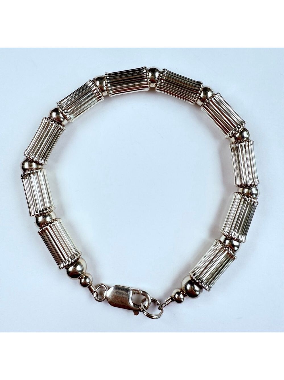Modernist Textured Tube Ball Bead Link Chain Sterling Silver 925 Bracelet
